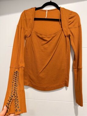 Free People Rust Orange Eyelet Cuff Long-Sleeve Top